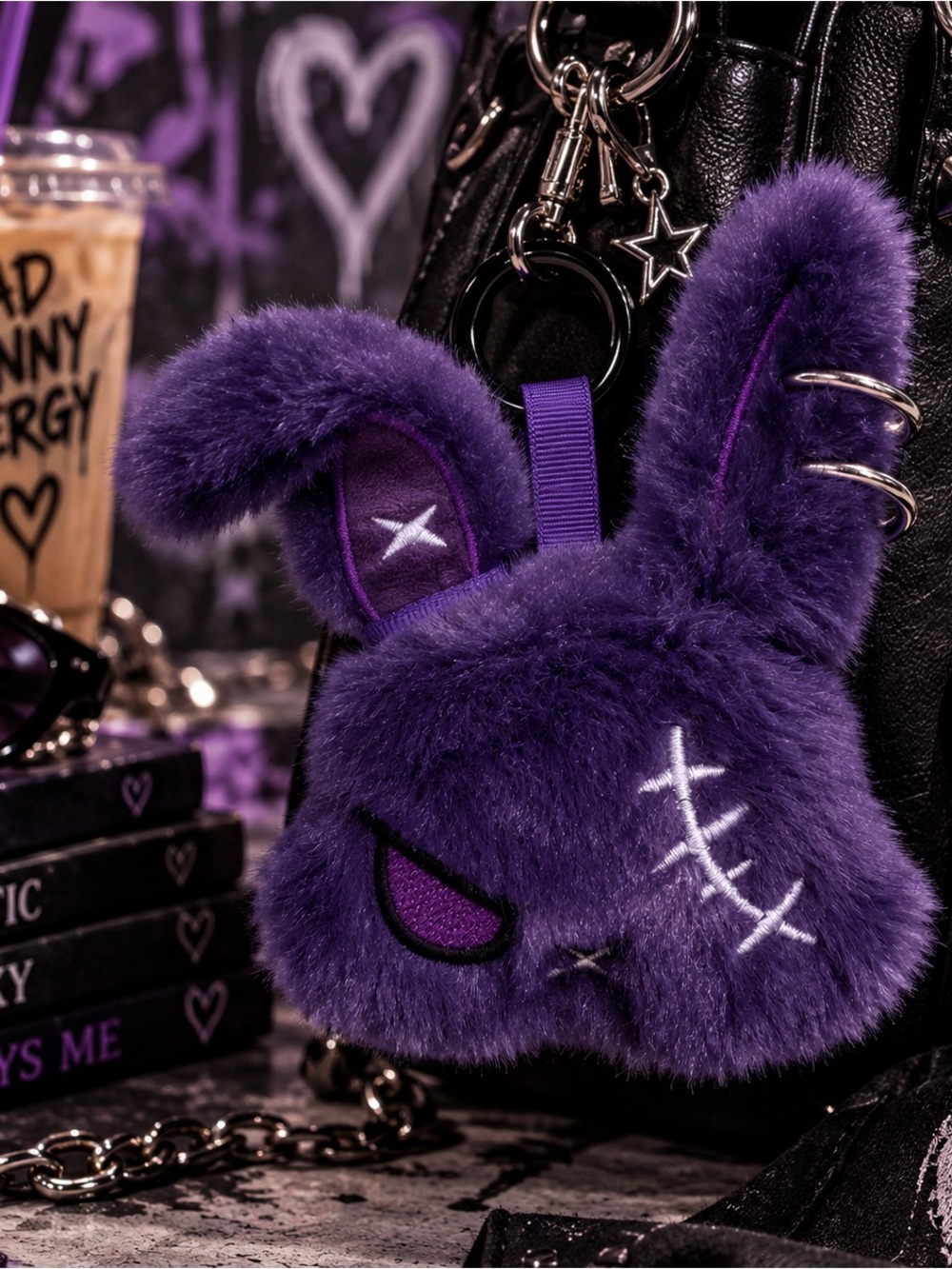 Purple Street Rabbit Gothic Plush Bunny Keychain Bag Charm Bendable Ears